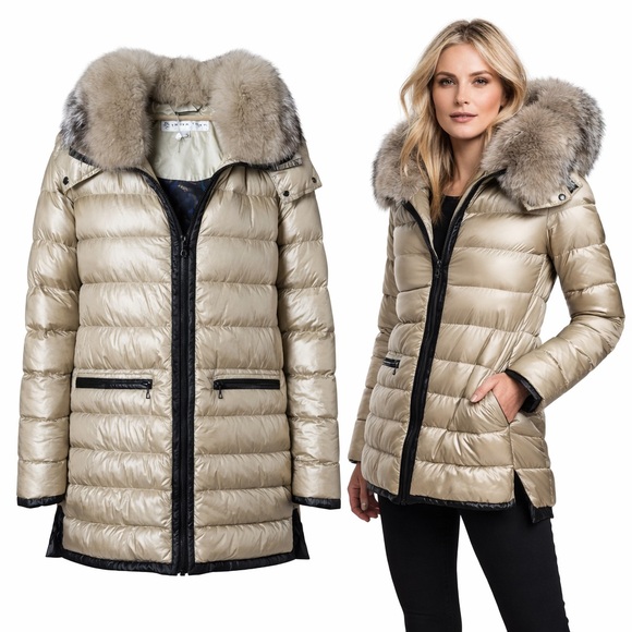 Trina TurkGold Down Puffer CoatFox Fur Trim HoodNylonXL
